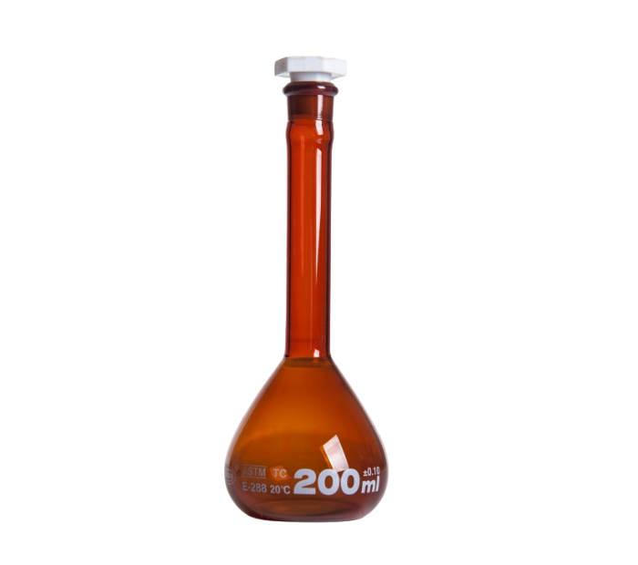 Volumetric Flasks, Class A, Low Actinic Amber, Wide Mouth, With Polyethylene Stopper, As Per USP Standards