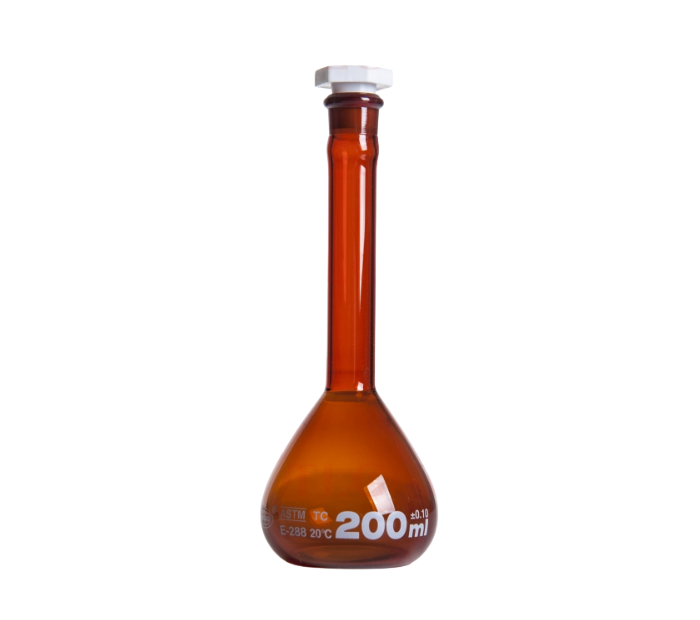 Volumetric Flasks, Class A, Low Actinic Amber, Wide Mouth, With PTFE Stopper, As Per USP Standards