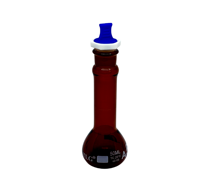 Serialized and Certified Volumetric Flask, Class A, Low Actinic Amber, Wide Mouth, With Polyethylene Stopper, As Per USP Standards