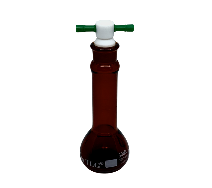 Serialized and Certified Volumetric Flask, Class A, Wide Mouth, Low Actinic Amber, With PTFE Stopper, As Per USP Standards
